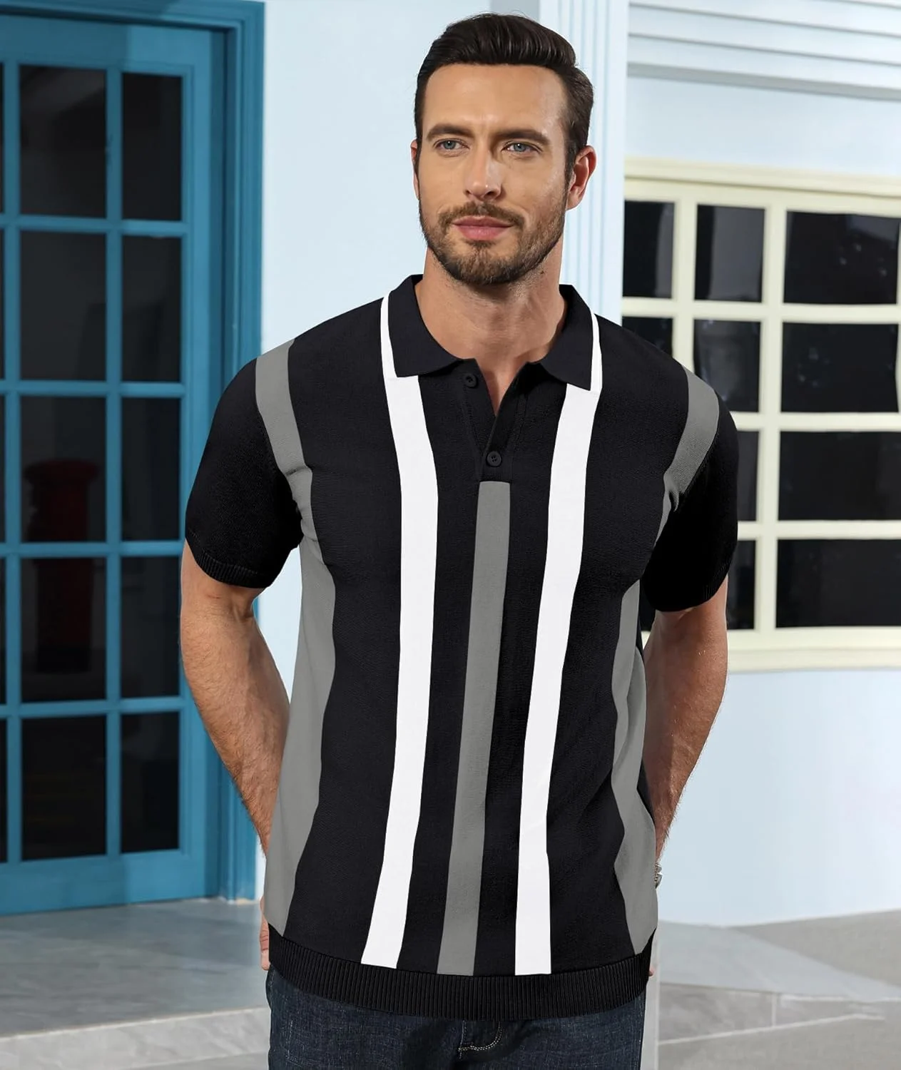 پولوشرت آستین کوتاه مردانه Ryehack، بافتنی، راه راه، دکمه دار، مناسب تعطیلات گلف و استایل اسلیم فیت پولوشرت آستین کوتاه مردانه Ryehack، بافتنی، راه راه، دکمه دار، مناسب تعطیلات گلف و استایل اسلیم فیت