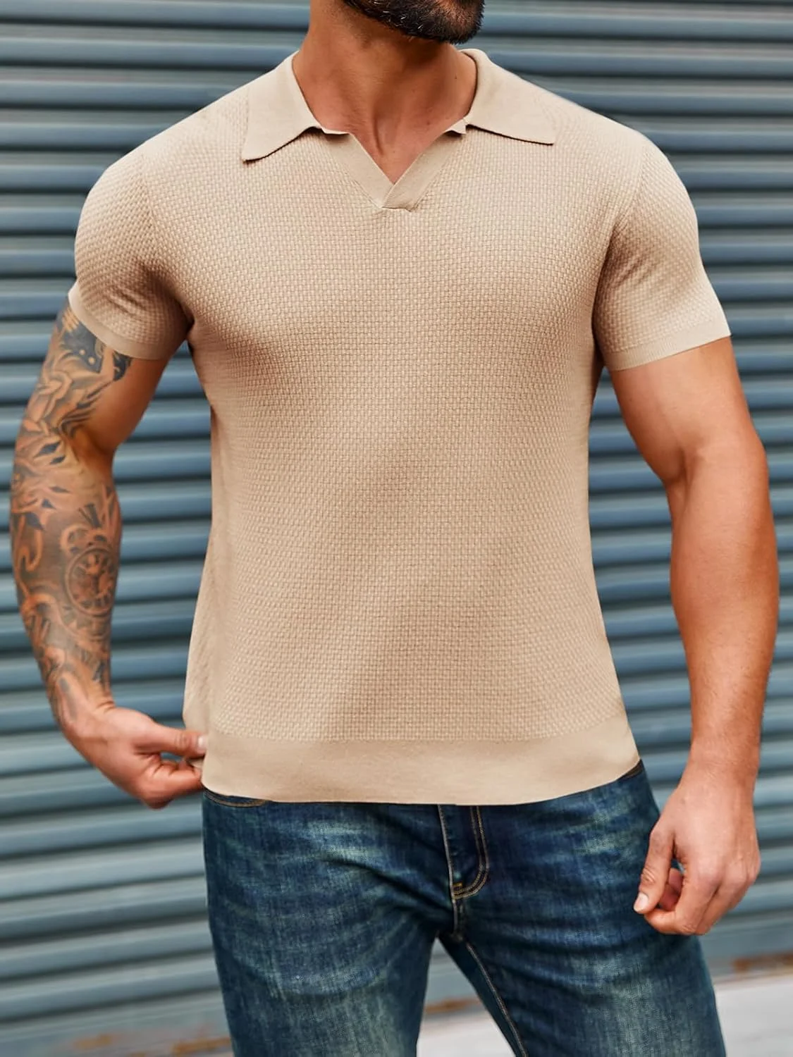 پولوشرت بافتنی مردانه Runcati، آستین کوتاه، یقه هفت، کشی، مدل جذب و طرح دار پولوشرت بافتنی مردانه Runcati، آستین کوتاه، یقه هفت، کشی، مدل جذب و طرح دار