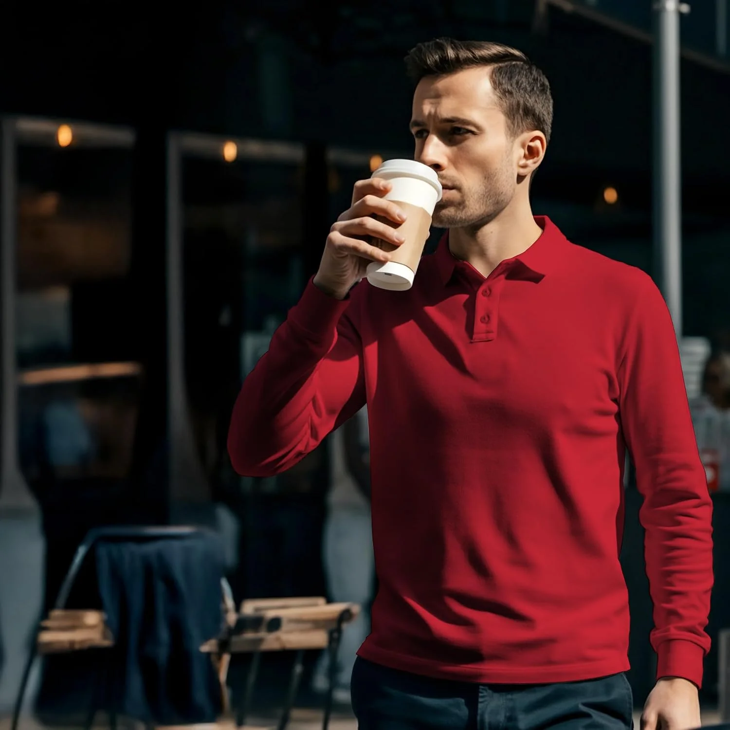 پولوشرت آستین بلند مردانه با پارچه ترکیبی پنبه ای، پیراهن گلف یقه دار با سه دکمه و محافظ لکه