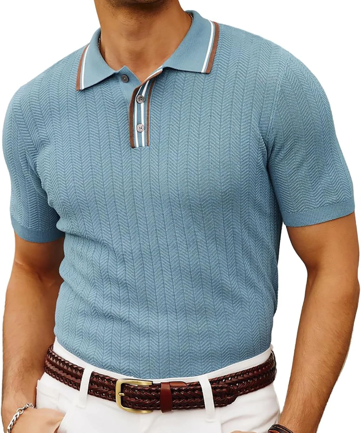 PJ PAUL JONES Mens Knitted Polo Shirts Short Sleeve Textured Pullover Golf Polo T Shirts
