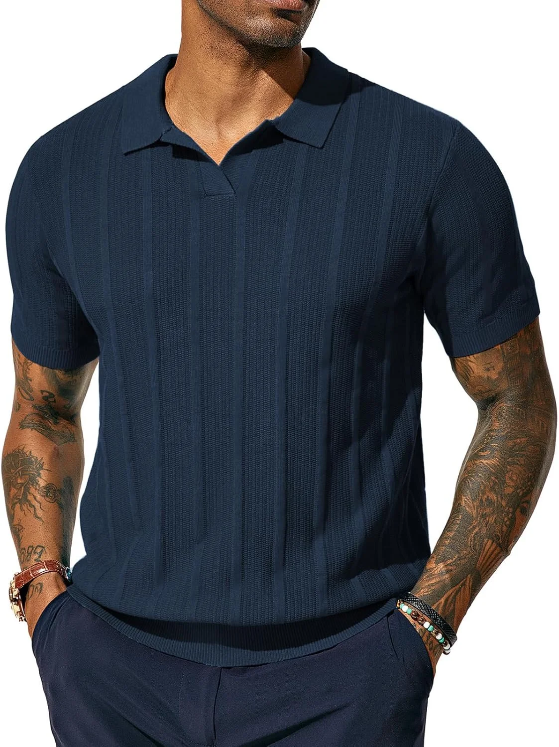 PJ PAUL JONES Mens Polo Shirts Regular Fit Textured V-Neck Knit Golf Polos PJ PAUL JONES Mens Polo Shirts Regular Fit Textured V-Neck Knit Golf Polos