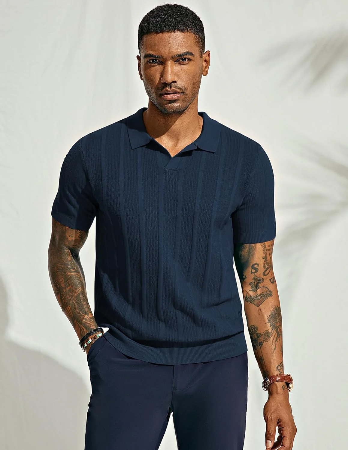 PJ PAUL JONES Mens Polo Shirts Regular Fit Textured V-Neck Knit Golf Polos