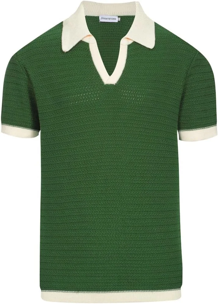 پیراهن پولو بافتنی مردانه OXKNIT آستین کوتاه، پیراهن گلف طرح‌دار، مدل رترو، یقه هفت سفید