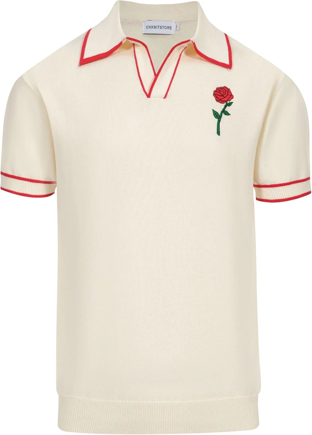 پیراهن پولو بافتنی مردانه آکس‌نیت، آستین کوتاه، یقه هفت، طرح گل رز گلدوزی شده، مناسب استایل کژوال، کار و ورزش