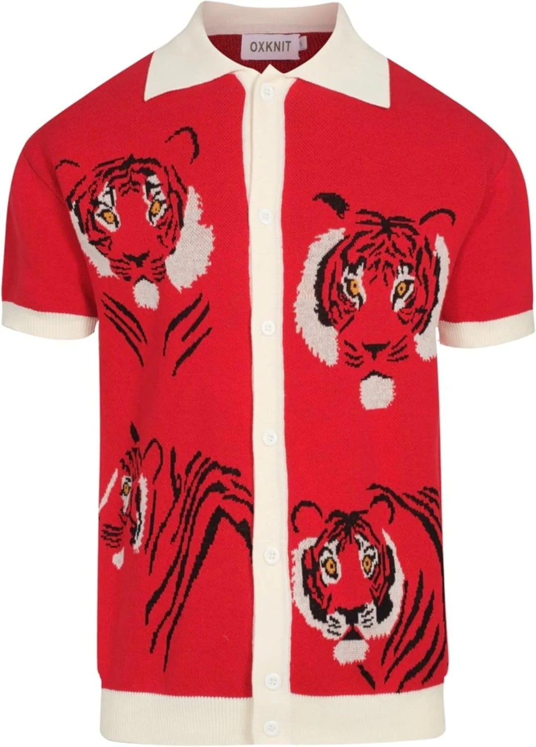 پیراهن پولو مردانه بافتنی OXKNIT، مدل یکپارچهسازی با سیستمعامل یقه هفت به سبک دهه 1960 با طرح حیوانات و دکمه قرمز