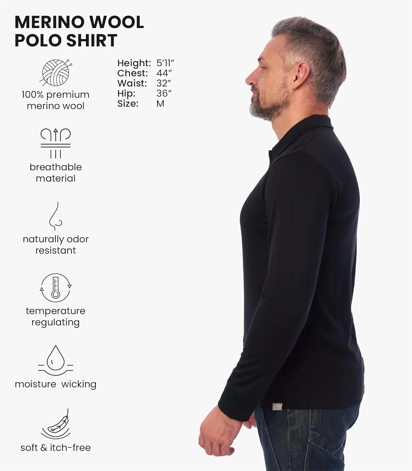 پولوشرت مردانه پشمی مرینوس .tech - لایه پایه پشمی 100% مرینوس مردانه، تنفسی، ضد بو، آستین بلند حرارتی