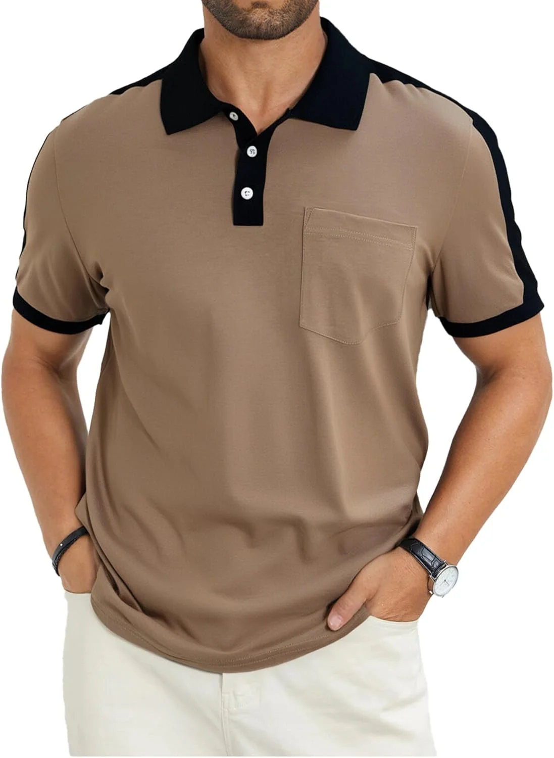 پولوشرت آستین کوتاه مردانه، دکمه دار کلاسیک، پنبه ای و مناسب گلف، دارای جیب