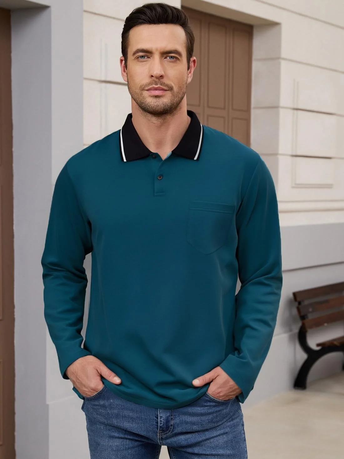 پولوشرت آستین بلند مردانه، پنبه‌ای، تی‌شرت پولو، پیراهن یقه‌دار پایه و کلاسیک مناسب کار، دارای جیب