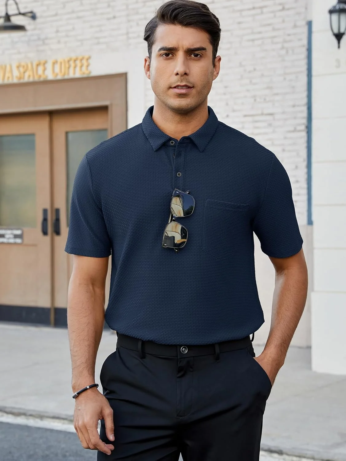 پولوشرت آستین کوتاه مردانه بافت حبابی، تیشرت یقه دار ساده، پولوشرت گلف جیب دار