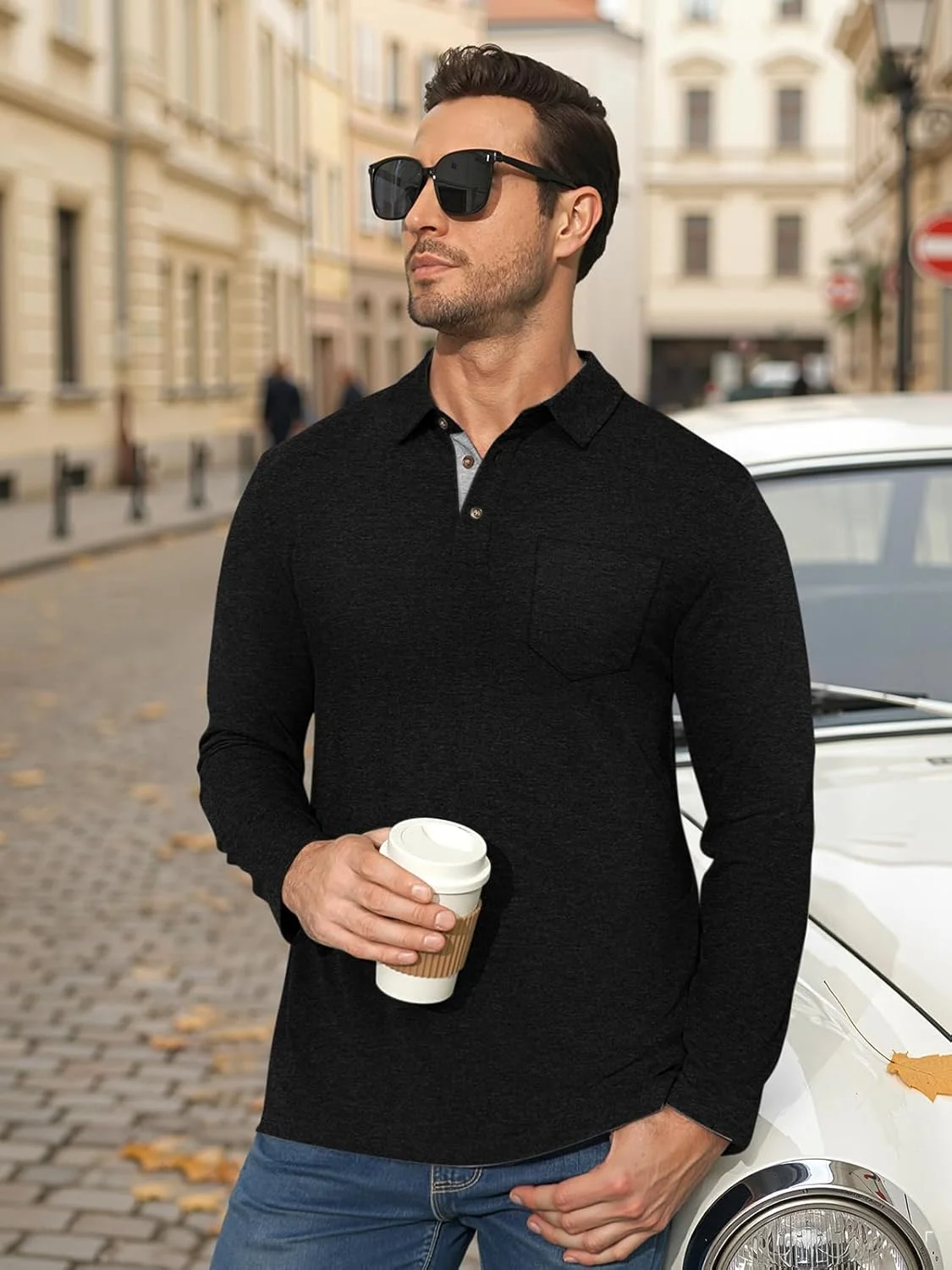 پولوشرت آستین بلند مردانه، دکمه دار، مدل پایه، غیر رسمی، باریک، شیک، یقه دار