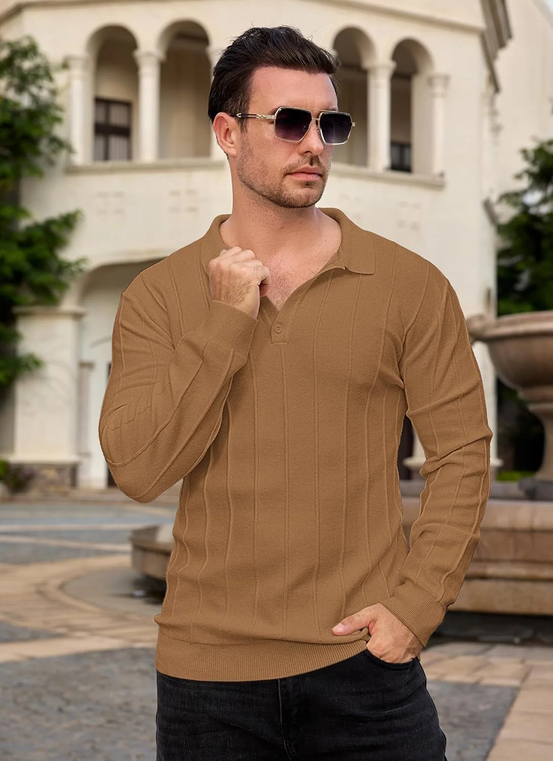 پولوشرت بافتنی مردانه Lexiart آستین بلند، یقه دار، بافت دنده ای، مناسب استایل کژوال و محیط کار