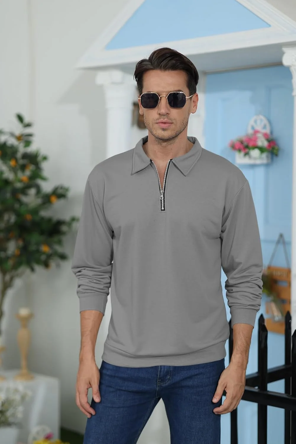 Lexiart پولوشرت آستین بلند مردانه - پلیور یقه زیپ دار گشاد و راحت