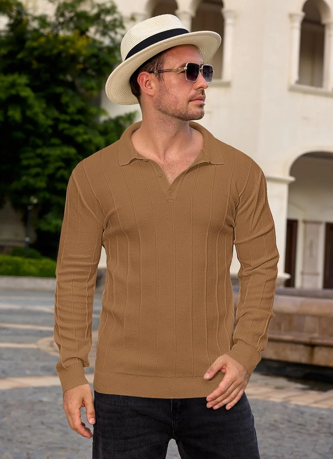 پولوشرت بافتنی مردانه Lexiart آستین بلند، یقه دار، بافت دنده ای، مناسب استایل کژوال و محیط کار