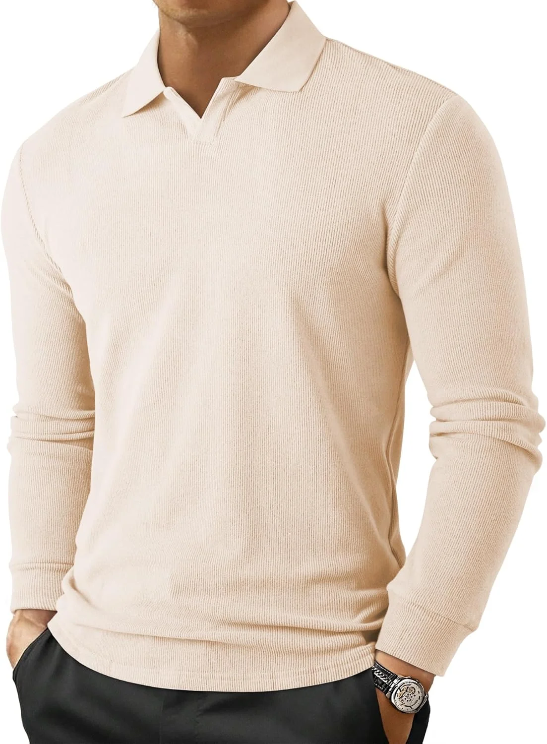 پولوشرت آستین بلند مردانه مدل یقه هفت، بافتنی راه راه و غیر دکمه دار پولوشرت آستین بلند مردانه مدل یقه هفت، بافتنی راه راه و غیر دکمه دار