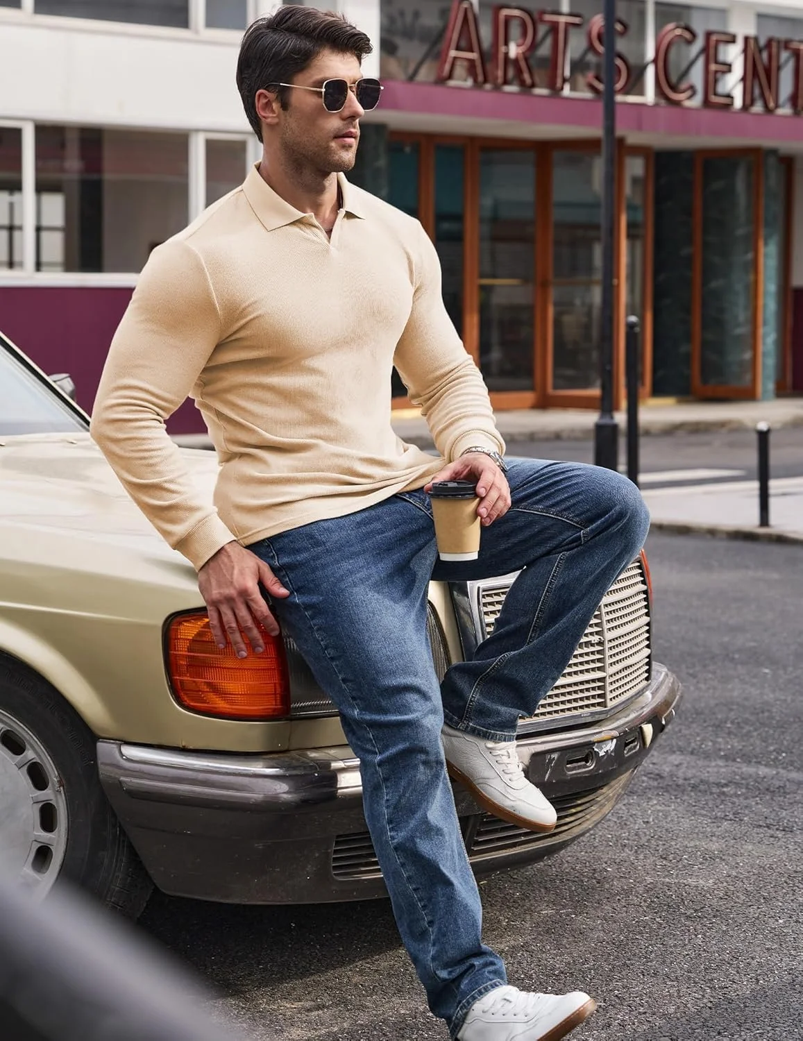 پولوشرت آستین بلند مردانه مدل یقه هفت، بافتنی راه راه و غیر دکمه دار