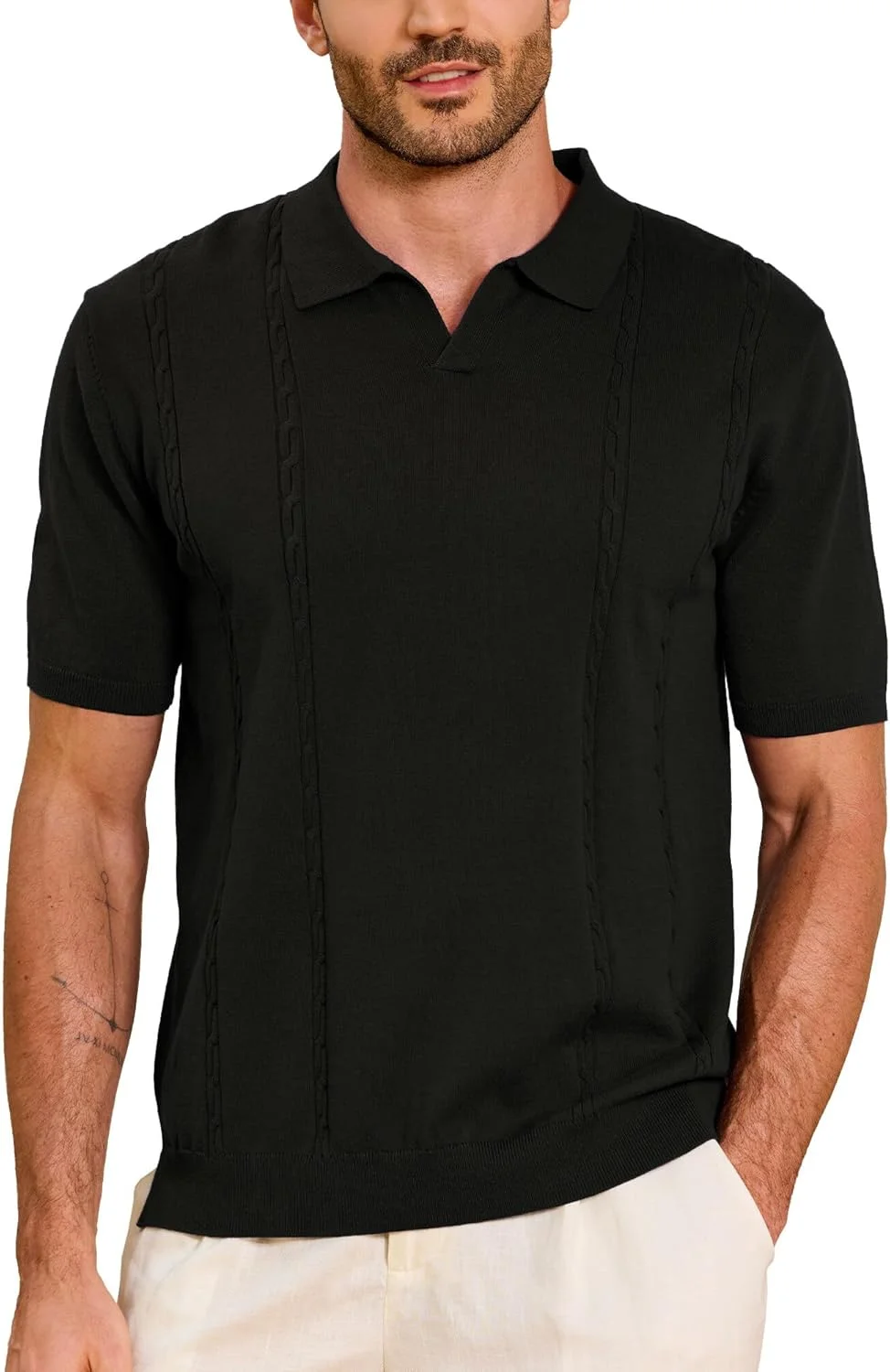 پولوشرت مردانه Kallspin، آستین کوتاه، یقه هفت، بافت کابلی، تاپ بافتنی نرم، لباس غیر رسمی تابستانی برای گلف و ساحل