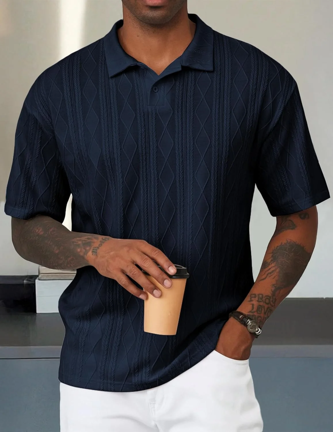 پولوشرت مردانه JMIERR، بافت دکمه دار، آستین کوتاه، مناسب تعطیلات تابستانی، ساحل، کشی، مناسب گلف