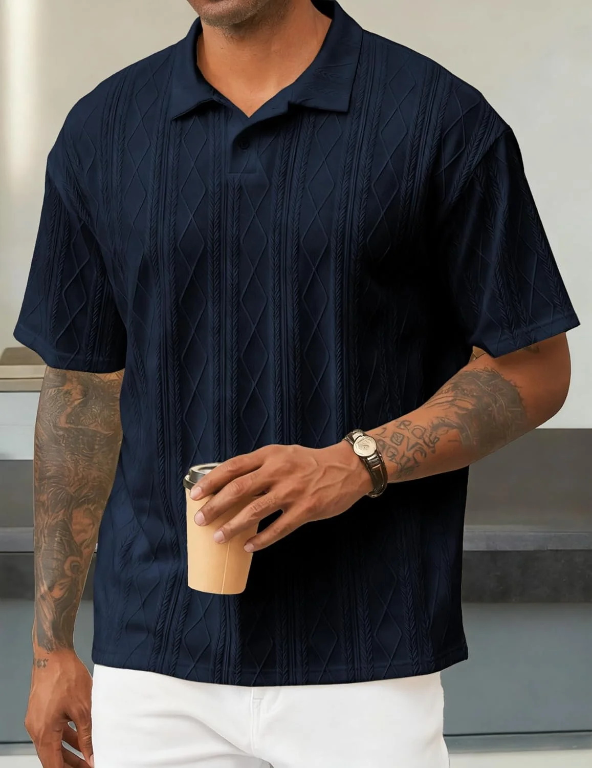 پولوشرت مردانه JMIERR، بافت دکمه دار، آستین کوتاه، مناسب تعطیلات تابستانی، ساحل، کشی، مناسب گلف