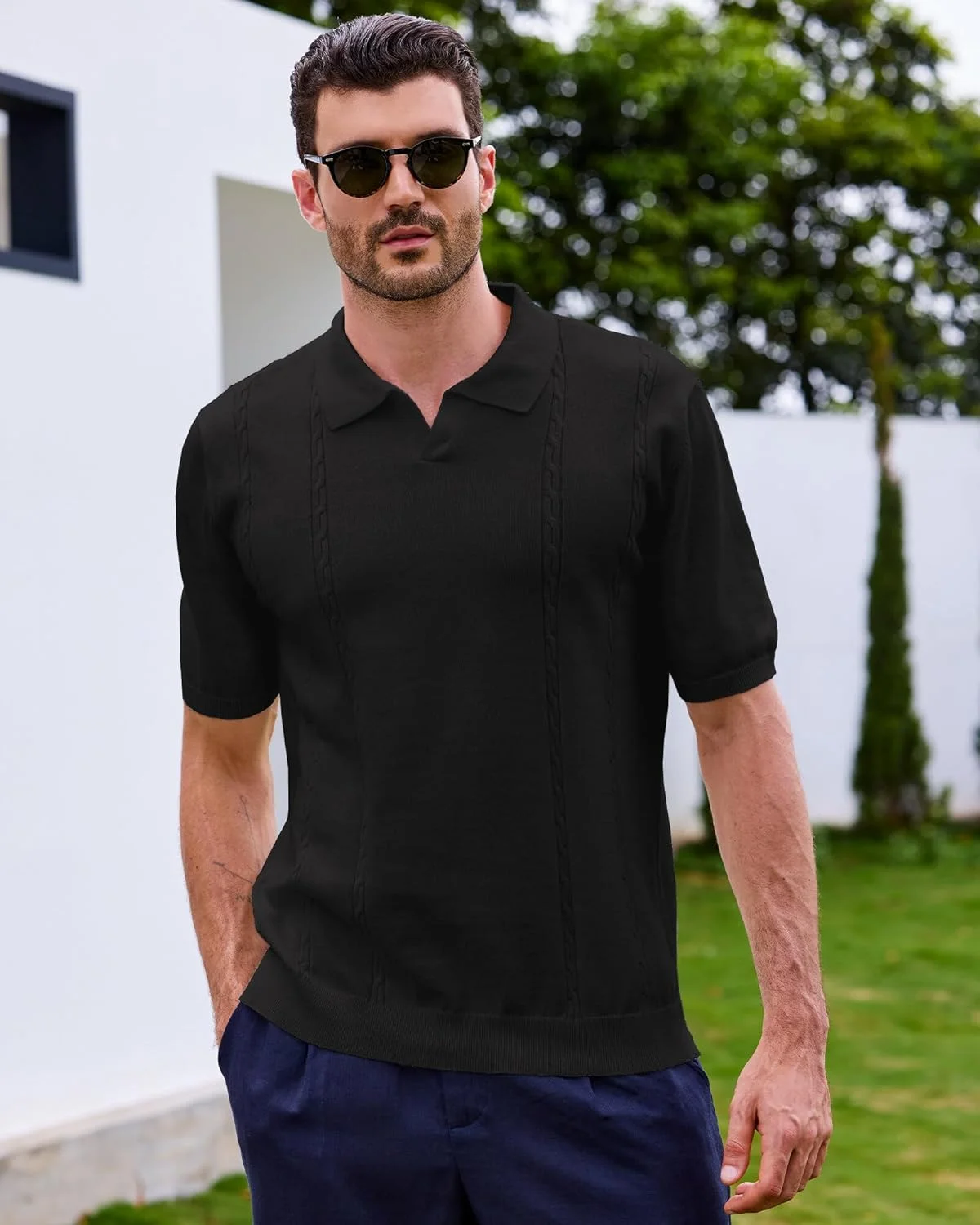 پولوشرت مردانه Kallspin، آستین کوتاه، یقه هفت، بافت کابلی، تاپ بافتنی نرم، لباس غیر رسمی تابستانی برای گلف و ساحل