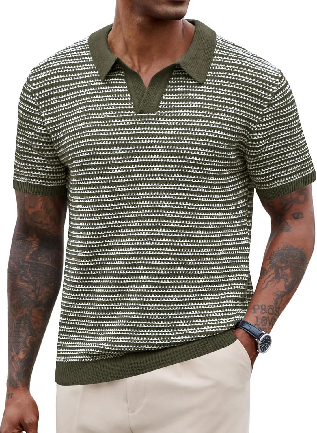 پولوشرت مردانه یقه هفت بافت راه راه سنگین وزن آستین کوتاه تابستانی