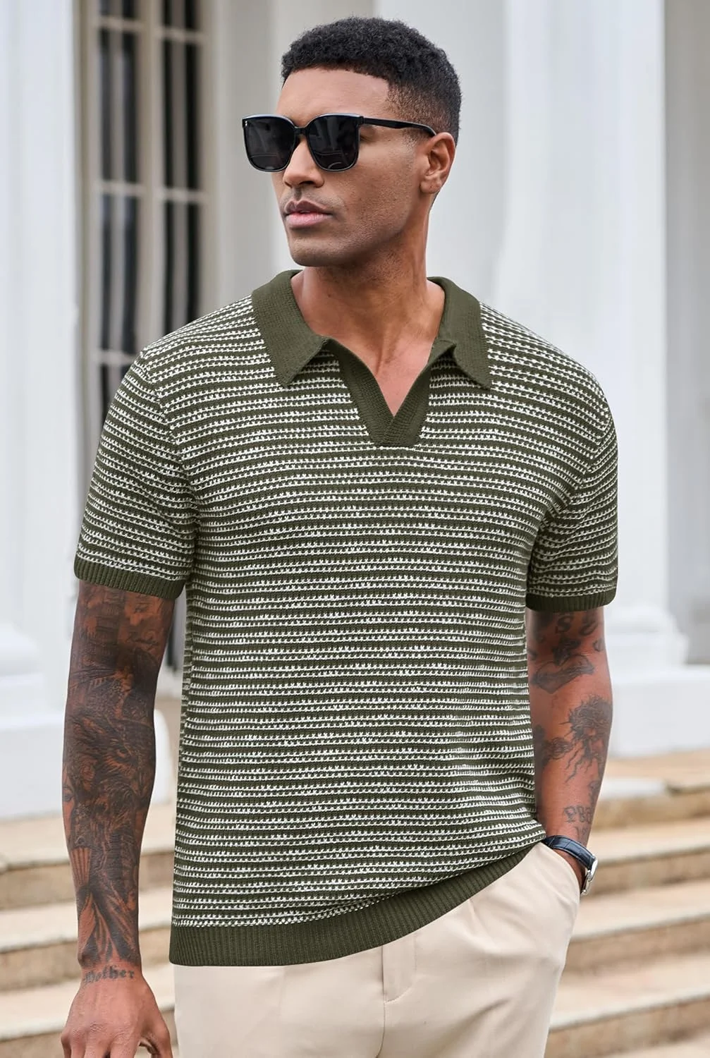 پولوشرت مردانه یقه هفت بافت راه راه سنگین وزن آستین کوتاه تابستانی پولوشرت مردانه یقه هفت بافت راه راه سنگین وزن آستین کوتاه تابستانی