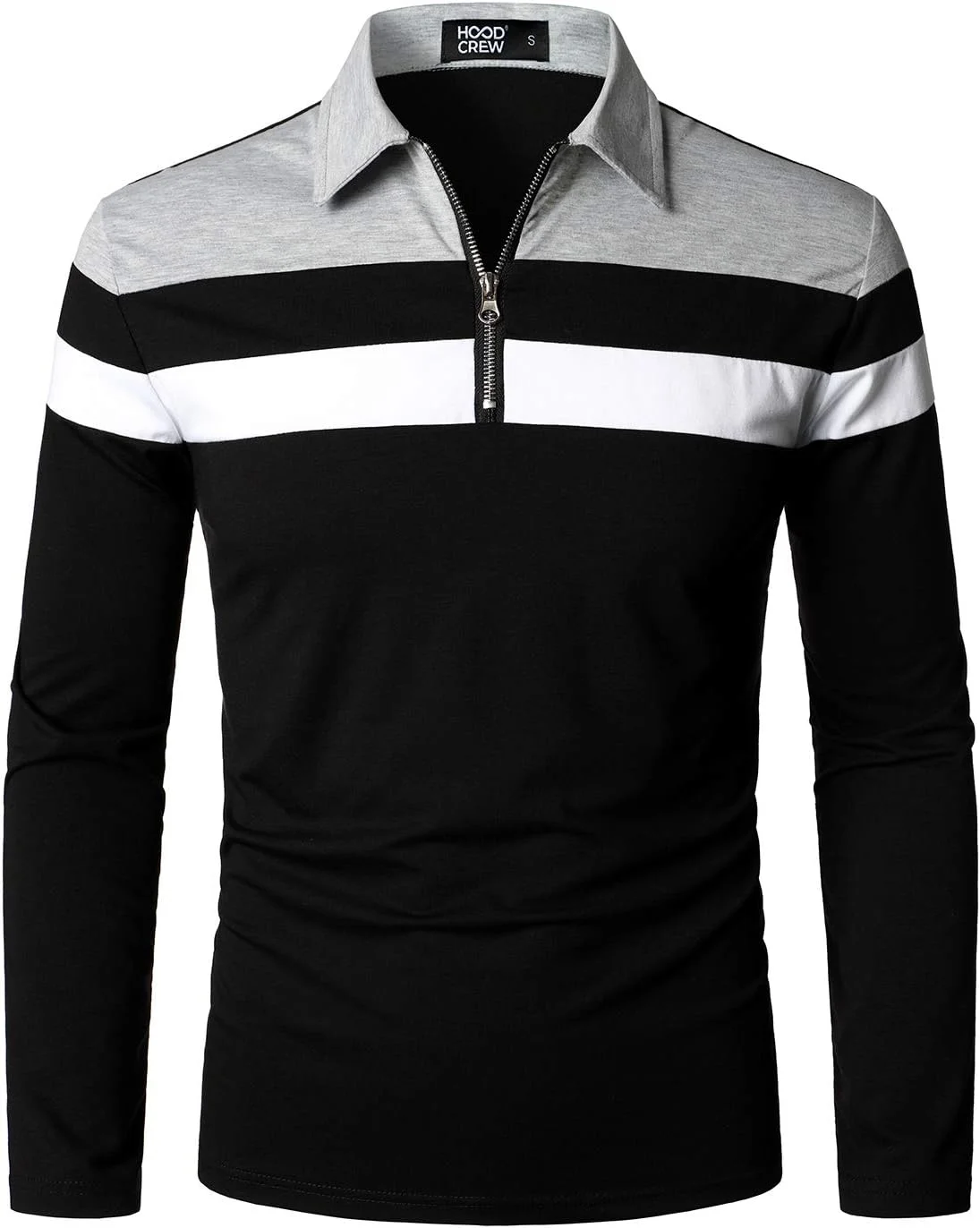 پولوشرت آستین بلند مردانه HOOD CREW، تیشرت های غیر رسمی و اسلیم فیت با رنگ های متضاد و تکه دوزی، تاپ های نخی