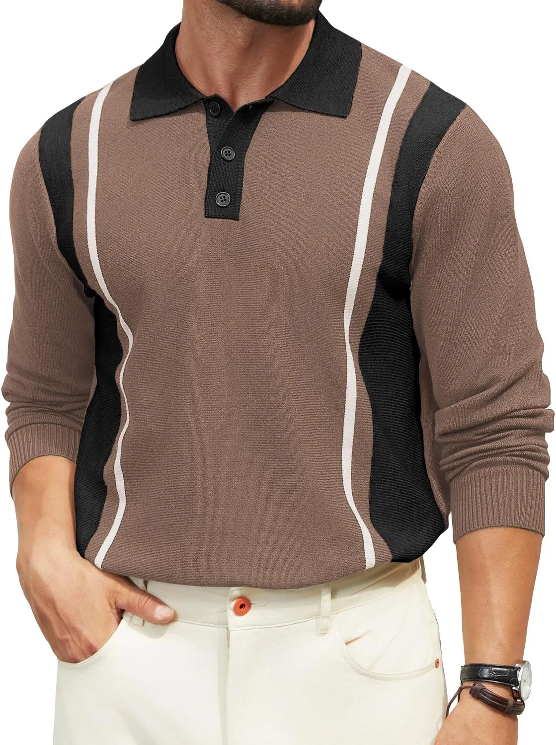 پلیور پولو مردانه راه راه طرح قدیمی، بافت سبک آستین بلند یقه دار رنگی