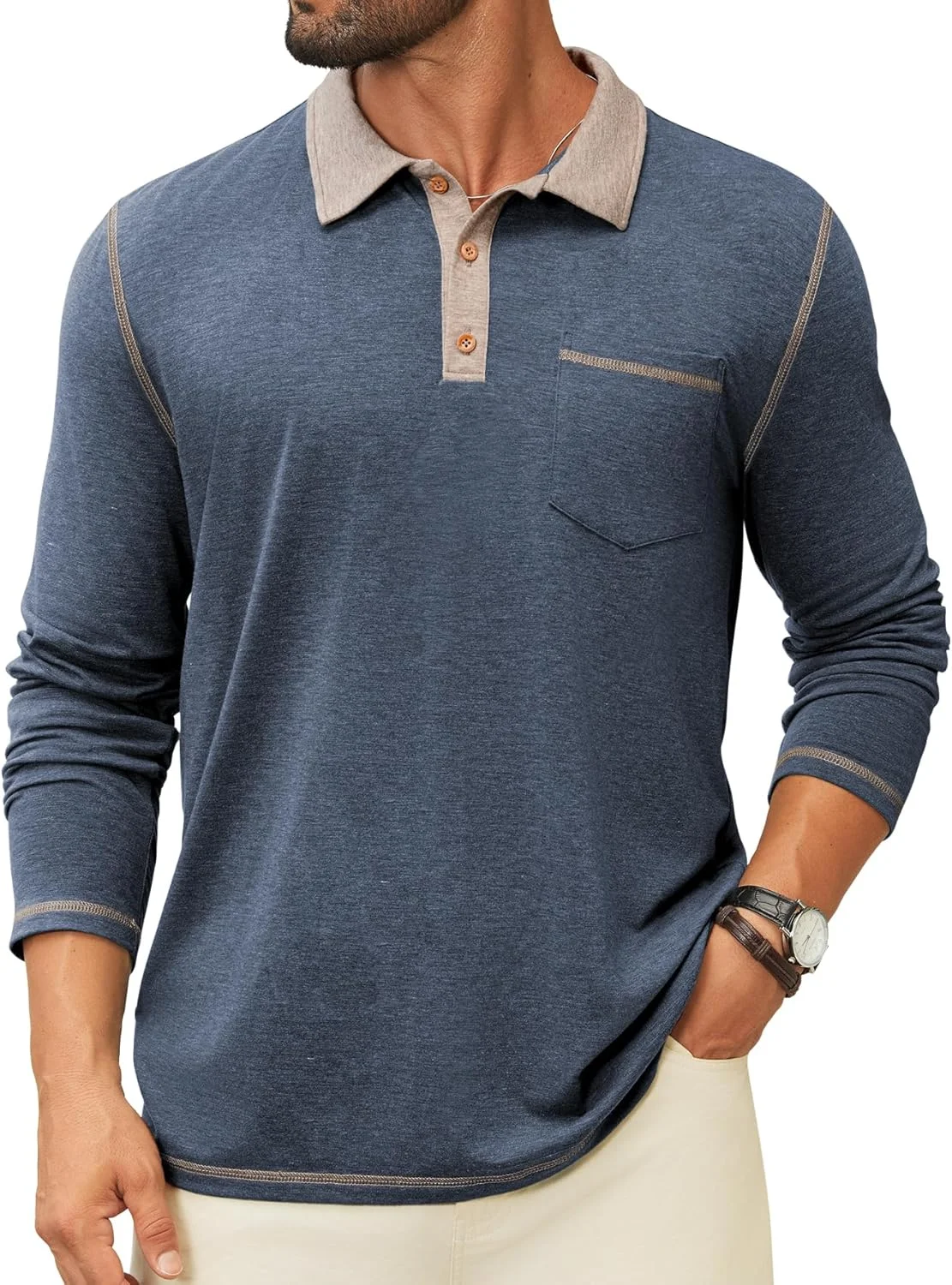 پولوشرت آستین بلند مردانه با یقه و رنگ متضاد به همراه جیب