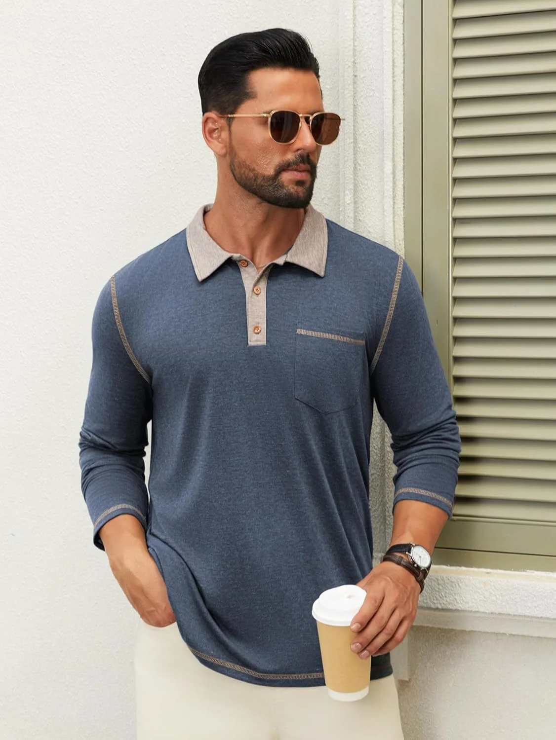 پولوشرت آستین بلند مردانه با یقه و رنگ متضاد به همراه جیب