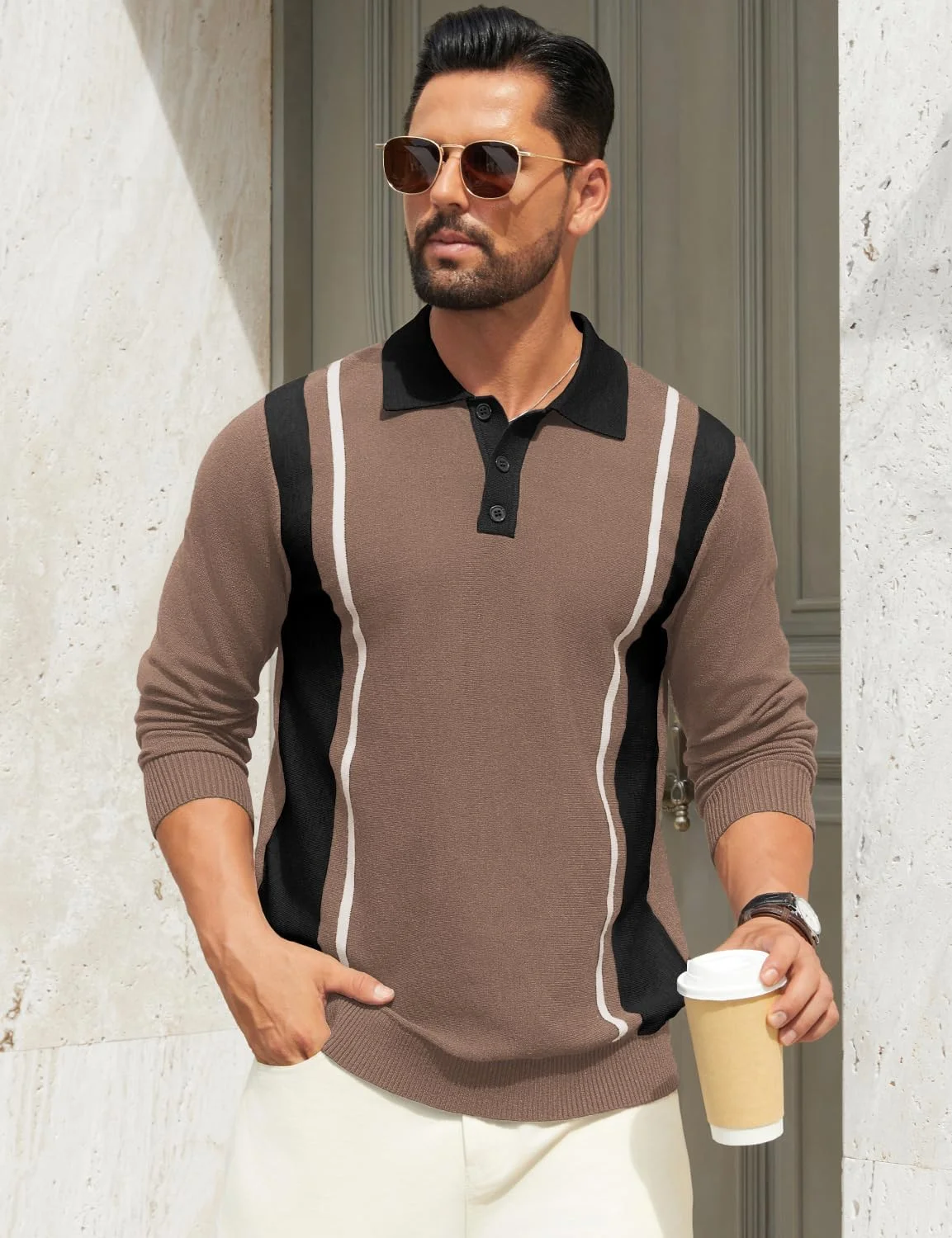 پلیور پولو مردانه راه راه طرح قدیمی، بافت سبک آستین بلند یقه دار رنگی