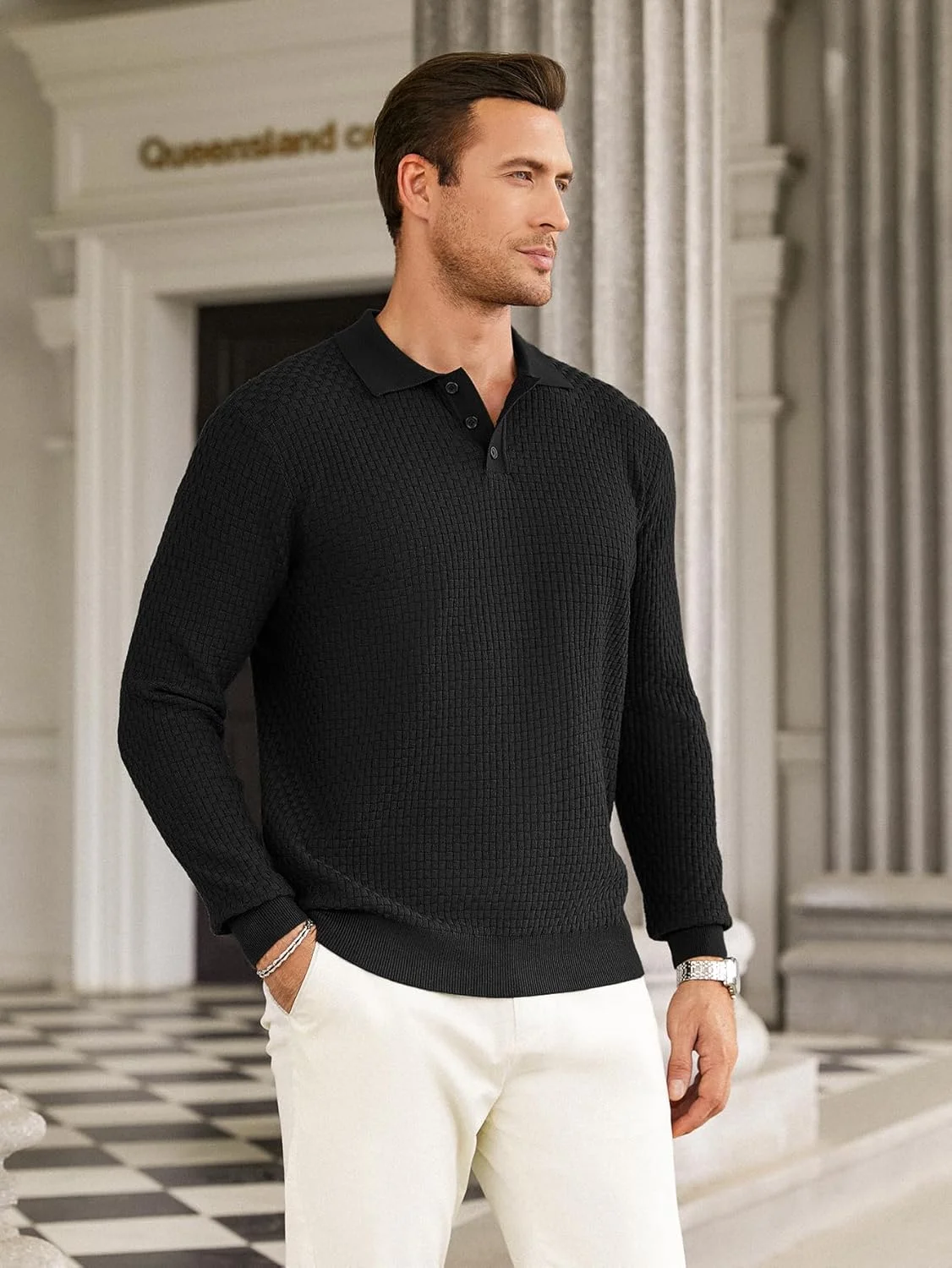 پولوشرت بافتنی مردانه آستین بلند دکمه دار یقه دار با بافت خاص پولوشرت بافتنی مردانه آستین بلند دکمه دار یقه دار با بافت خاص
