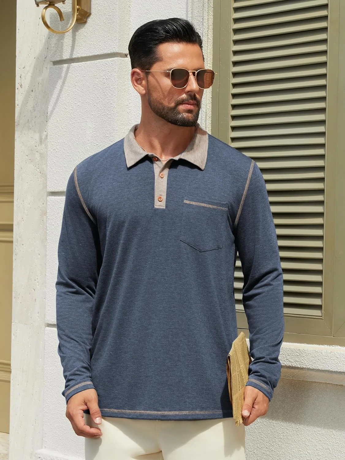 پولوشرت آستین بلند مردانه با یقه و رنگ متضاد به همراه جیب