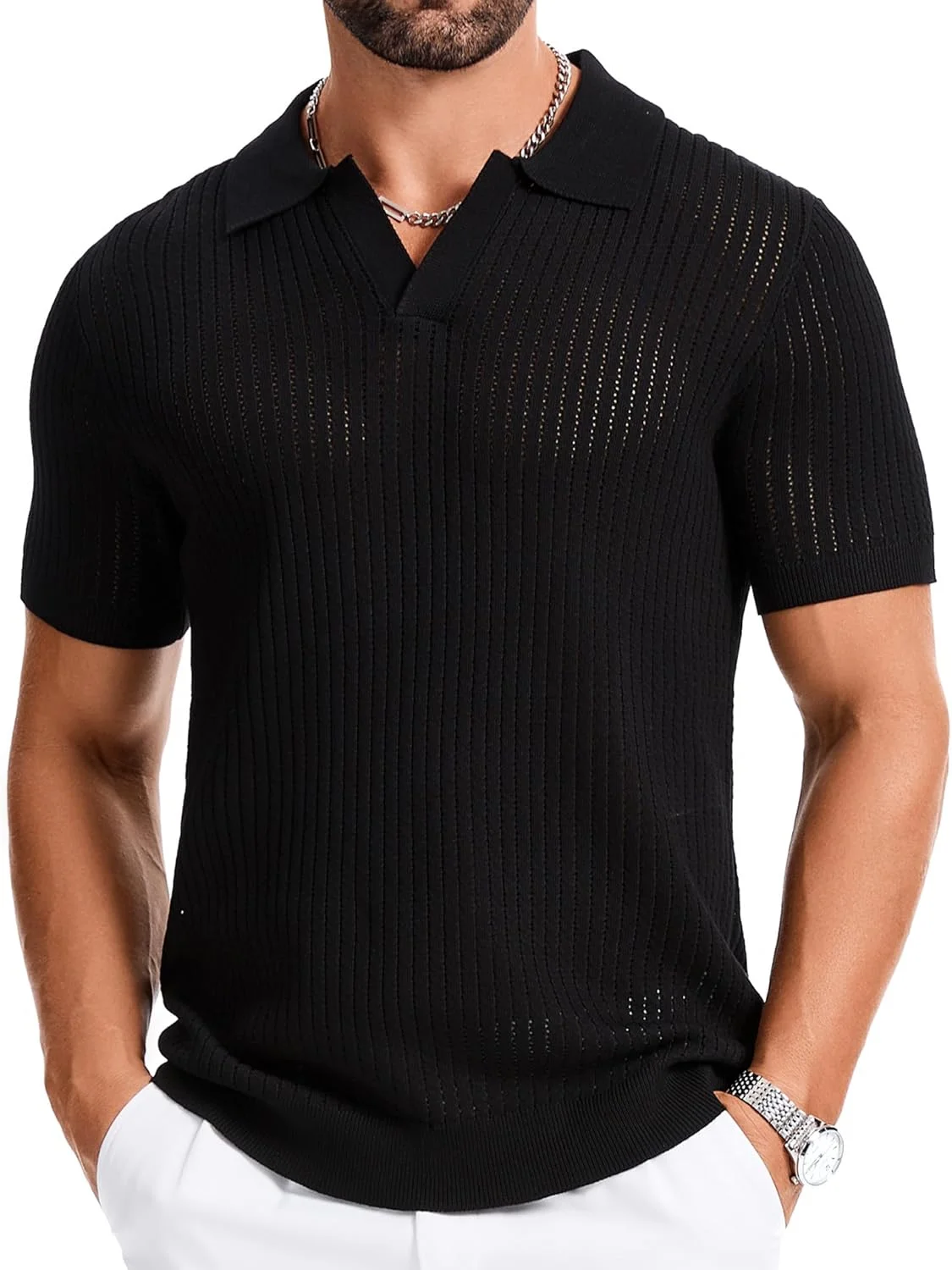 تی‌شرت پولو مردانه بافتنی راه راه یقه هفت آستین کوتاه مناسب گلف