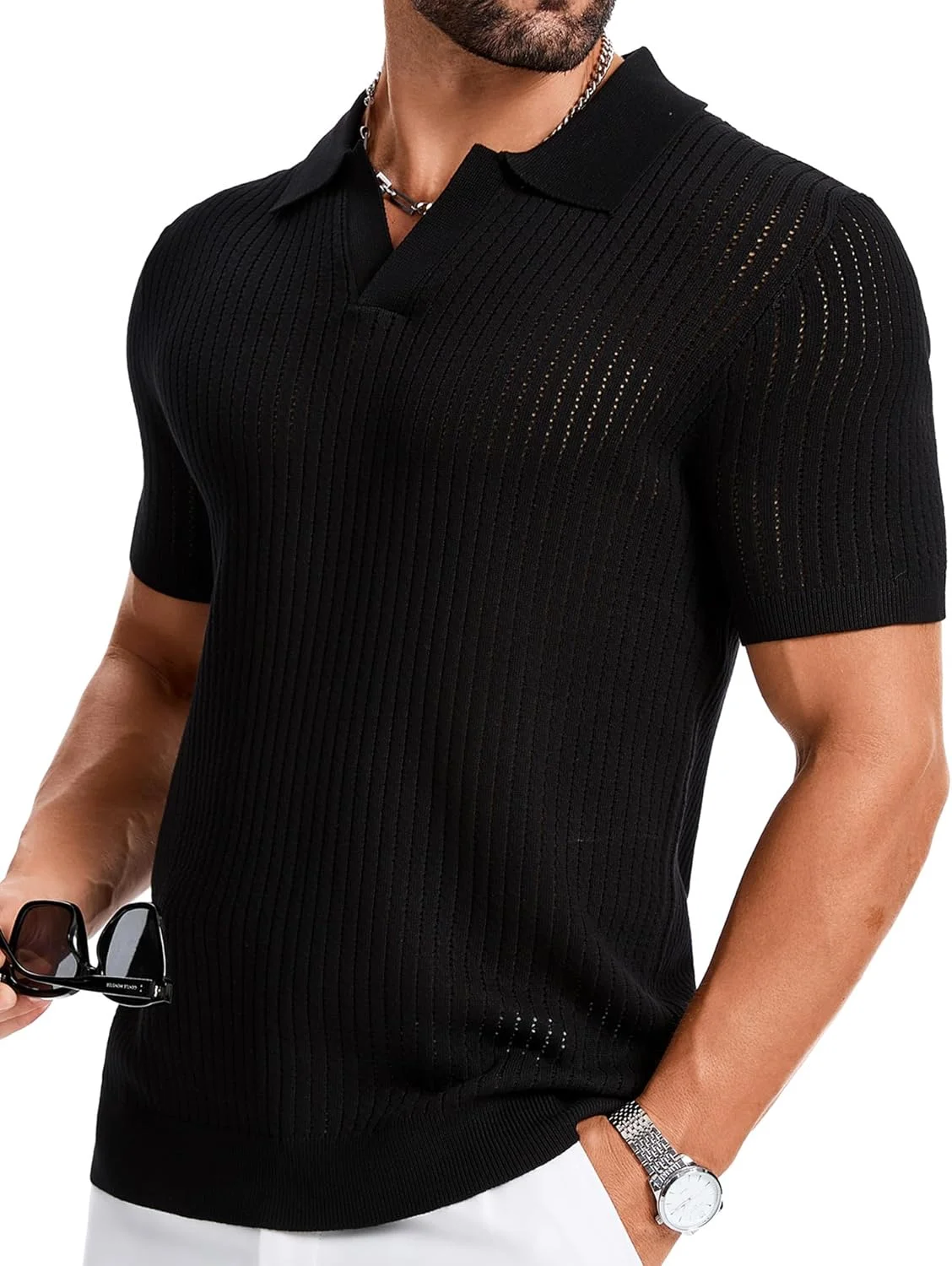 تی‌شرت پولو مردانه بافتنی راه راه یقه هفت آستین کوتاه مناسب گلف