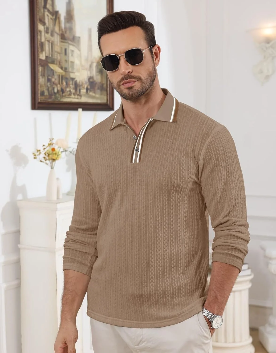 پلیور پولو مردانه آستین بلند بافتنی یقه دار دکمه دار مناسب تیپ غیر رسمی و گلف
