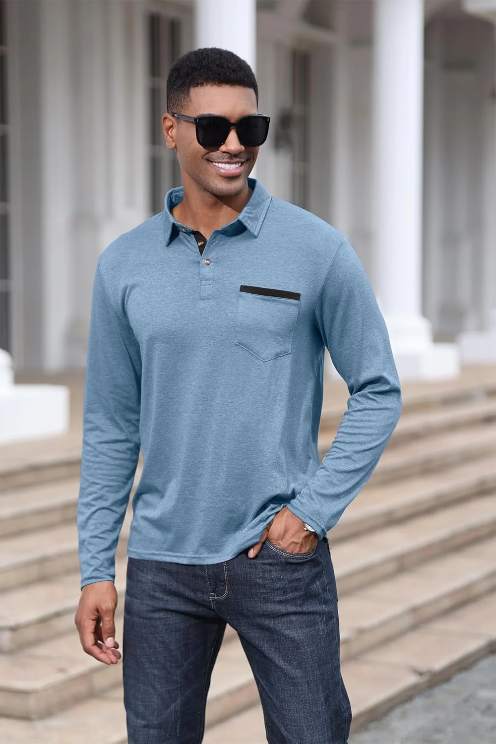 پولوشرت مردانه آستین بلند دکمه دار نخی کلاسیک با جیب