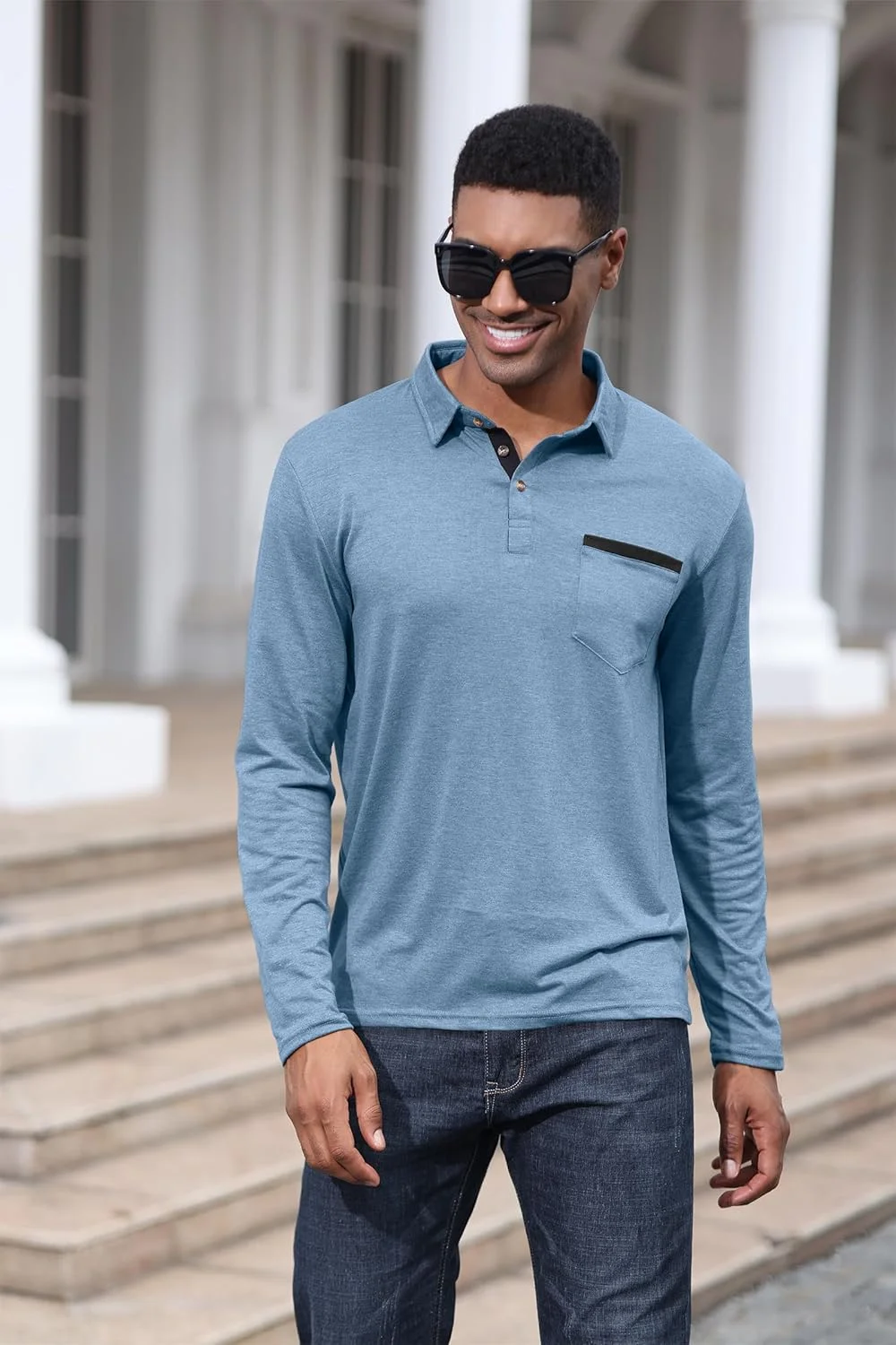 پولوشرت مردانه آستین بلند دکمه دار نخی کلاسیک با جیب