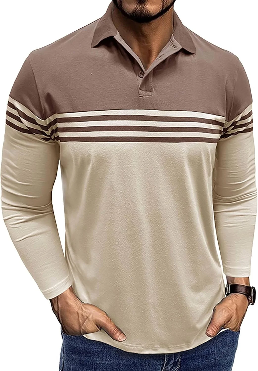 پولوشرت مردانه طرح راه راه آستین بلند، تیشرت یقه دار غیر رسمی، تاپ های نخی سبک پولوشرت مردانه طرح راه راه آستین بلند، تیشرت یقه دار غیر رسمی، تاپ های نخی سبک