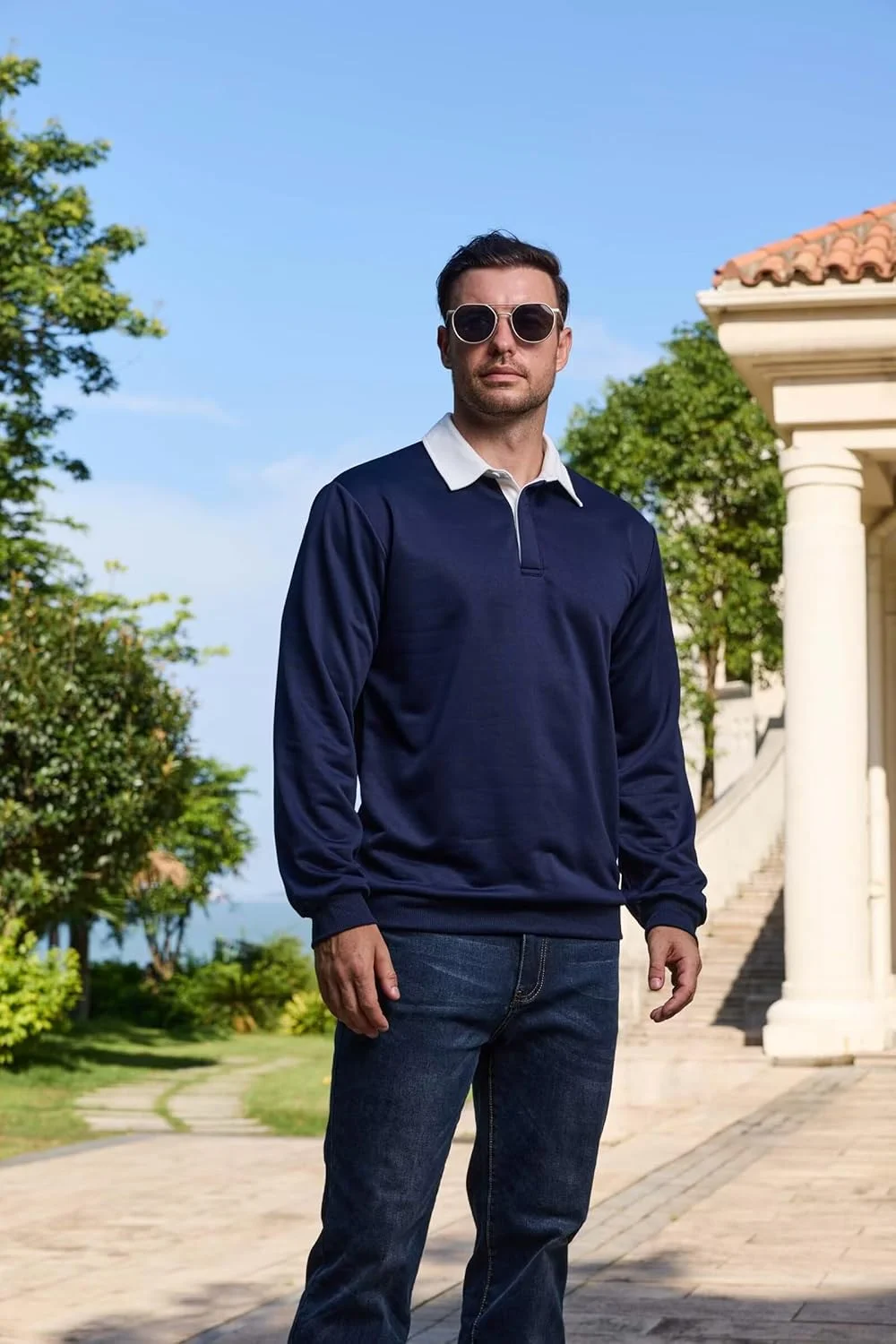 پولوشرت آستین بلند مردانه دکمه دار، پلیور کلاسیک و گرمکن مردانه با یقه متضاد