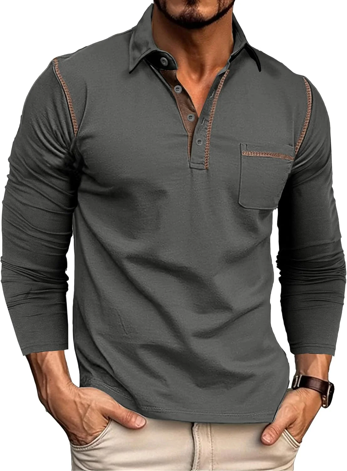 پولوشرت آستین بلند مردانه EDITCOZY با جیب، دکمه دار و یقه دار، مناسب استفاده روزمره و بازی گلف پولوشرت آستین بلند مردانه EDITCOZY با جیب، دکمه دار و یقه دار، مناسب استفاده روزمره و بازی گلف