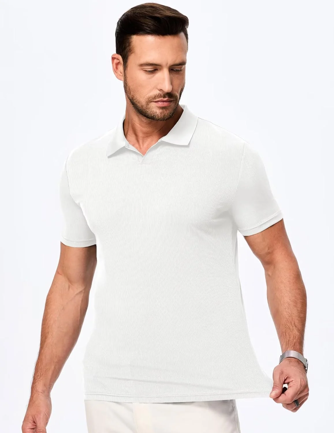 پولوشرت مردانه آستین کوتاه یقه هفت تابستانی، تیشرت پولوی غیررسمی و فیت باریک با بافت دنده ای مناسب گلف
