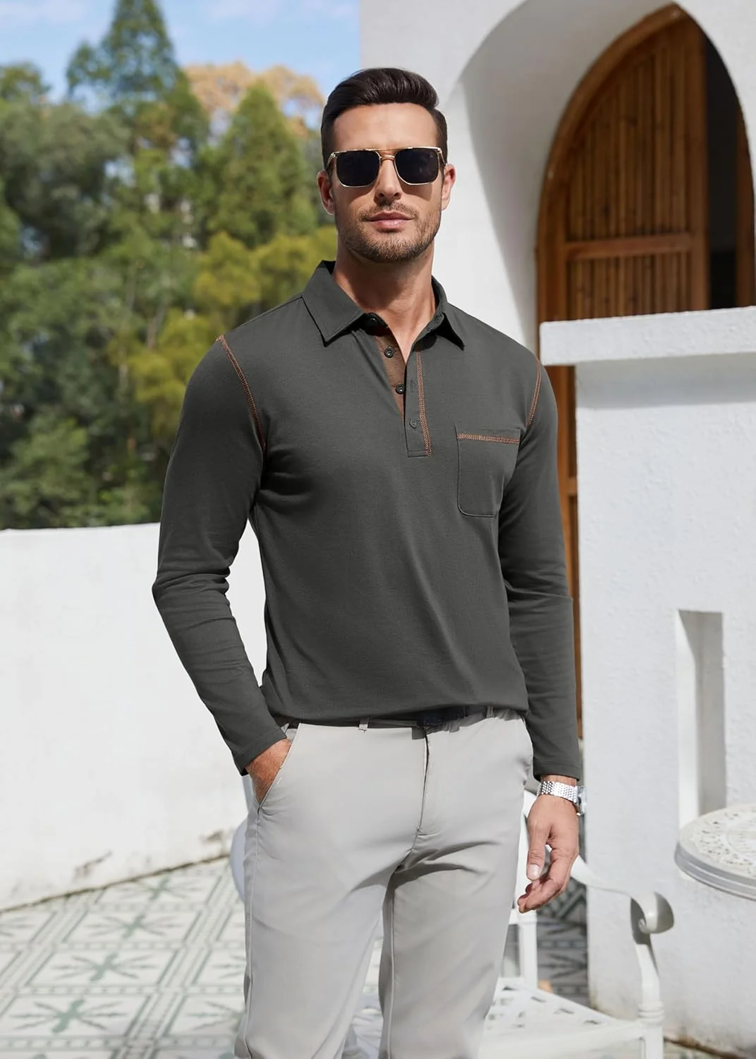 پولوشرت آستین بلند مردانه EDITCOZY با جیب، دکمه دار و یقه دار، مناسب استفاده روزمره و بازی گلف