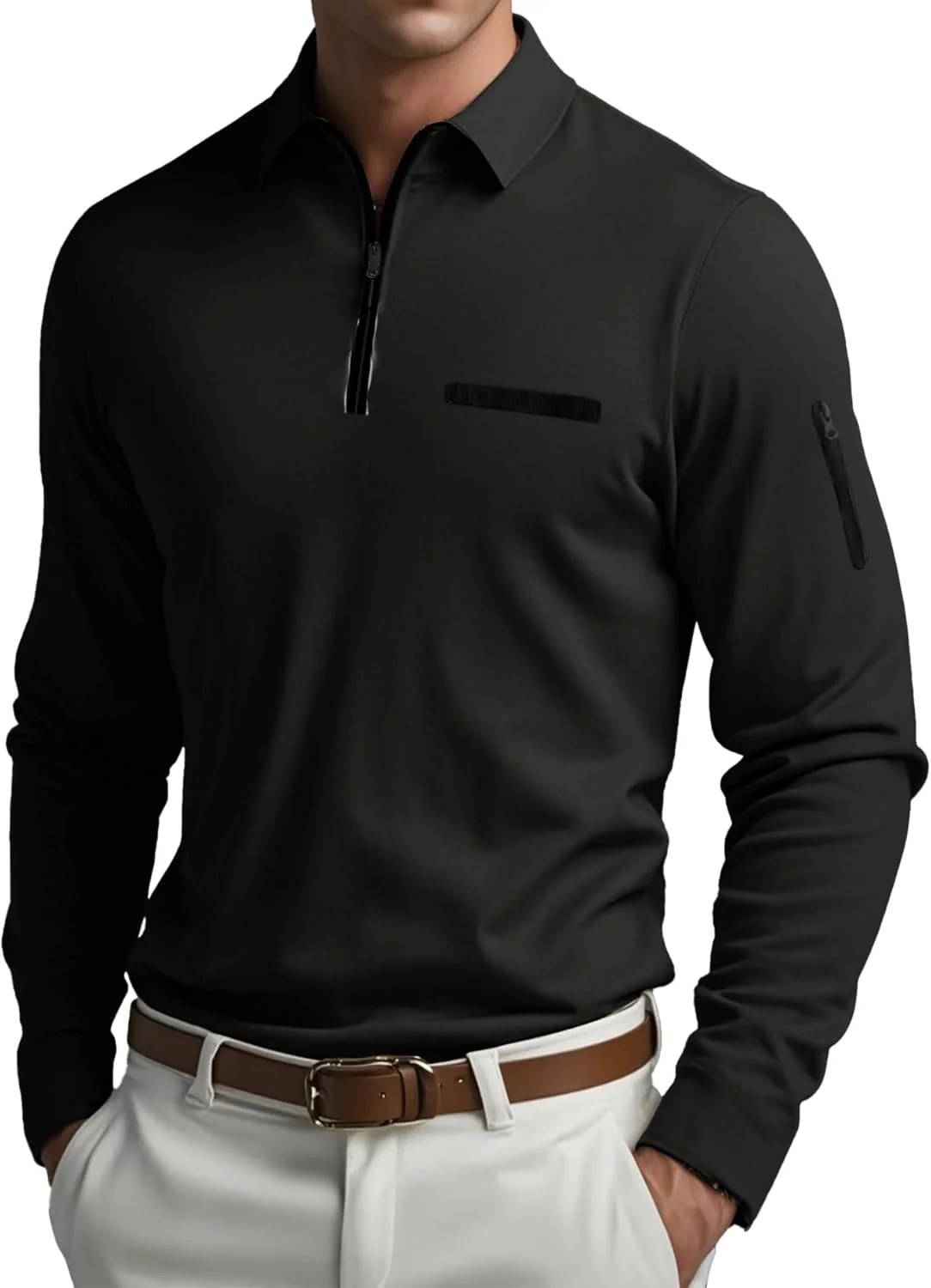 پولوشرت آستین بلند مردانه، یقه زیپ دار، مدل جذب، شیک و غیر رسمی، مناسب گلف، سبک و دارای جیب پولوشرت آستین بلند مردانه، یقه زیپ دار، مدل جذب، شیک و غیر رسمی، مناسب گلف، سبک و دارای جیب