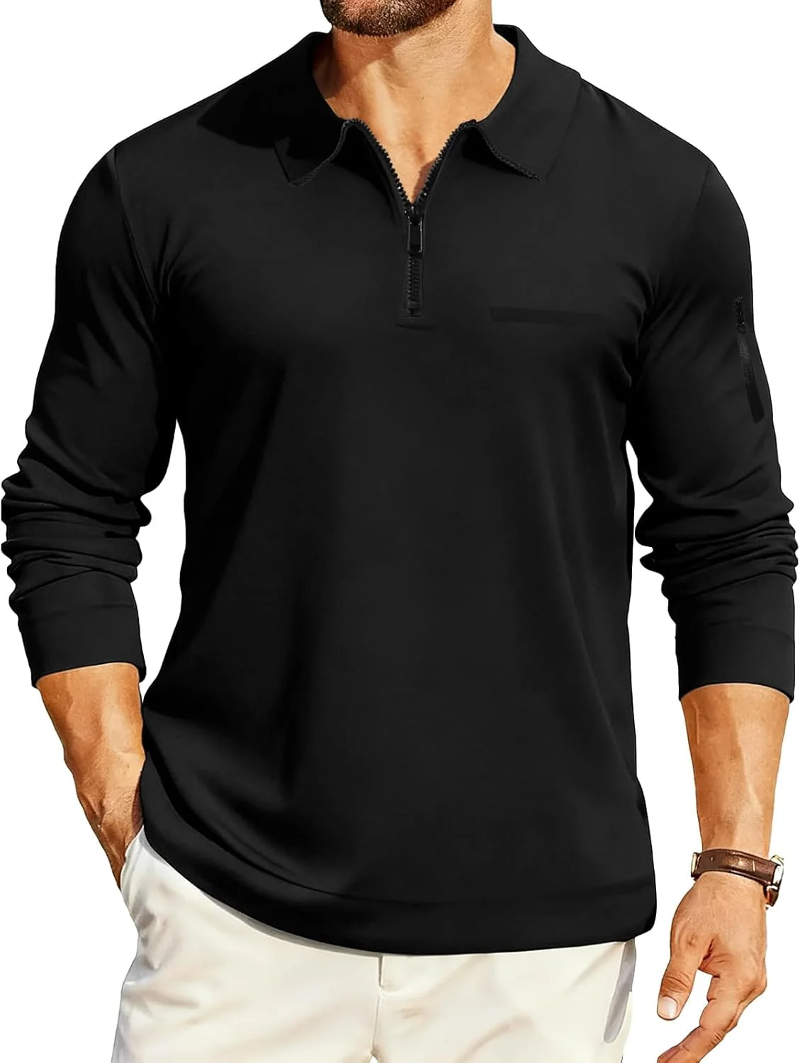 پولوشرت آستین بلند مردانه، یقه زیپ دار، مدل جذب، شیک و غیر رسمی، مناسب گلف، سبک و دارای جیب