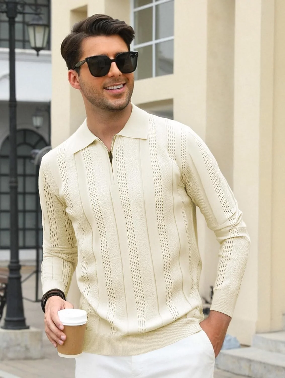 پیراهن پولو بافتنی مردانه Esabel.C آستین بلند، بافت راه راه، پیراهن پولو شیک یقه دار، مناسب گلف و استفاده روزمره