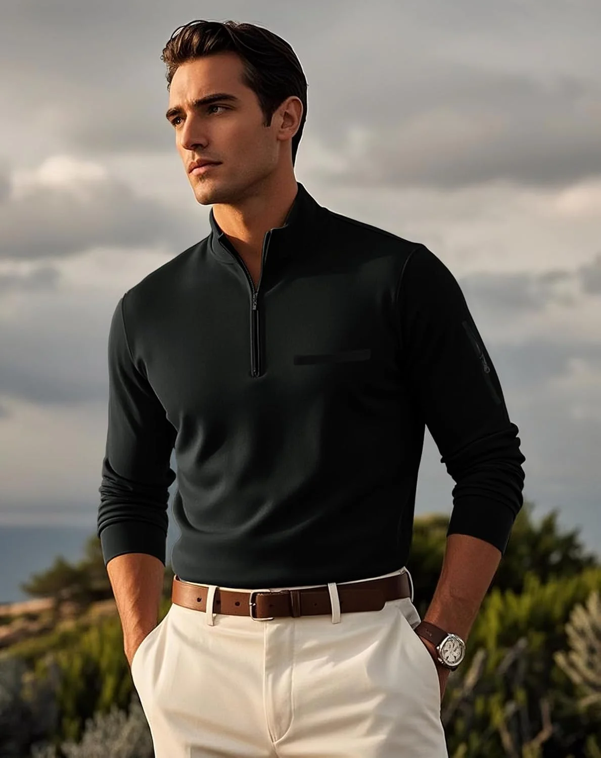 پولوشرت آستین بلند مردانه، یقه زیپ دار، مدل جذب، شیک و غیر رسمی، مناسب گلف، سبک و دارای جیب