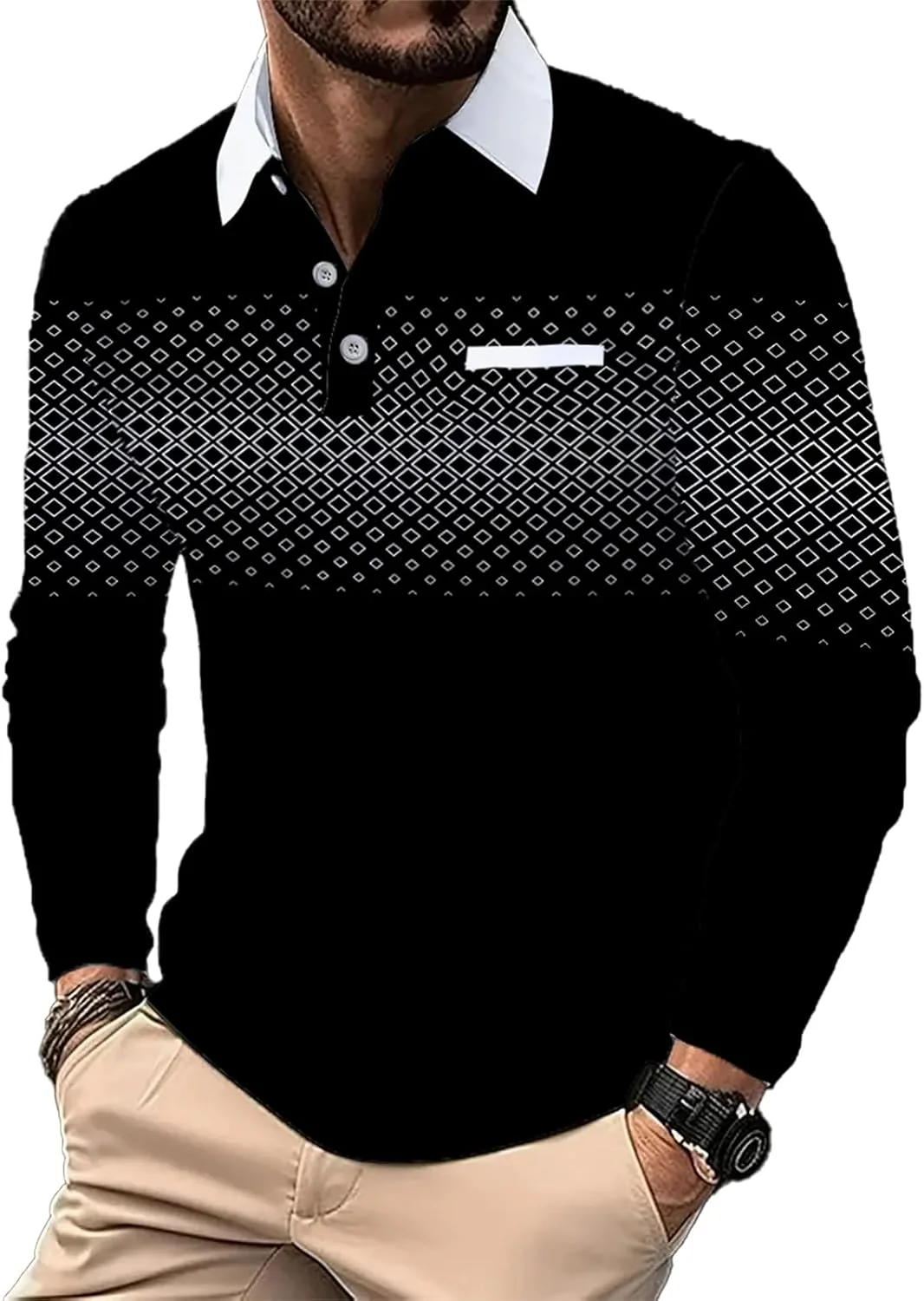 پولوشرت آستین بلند مردانه دکمه دار با جیب سینه، پیراهن گلف یقه دار کلاسیک