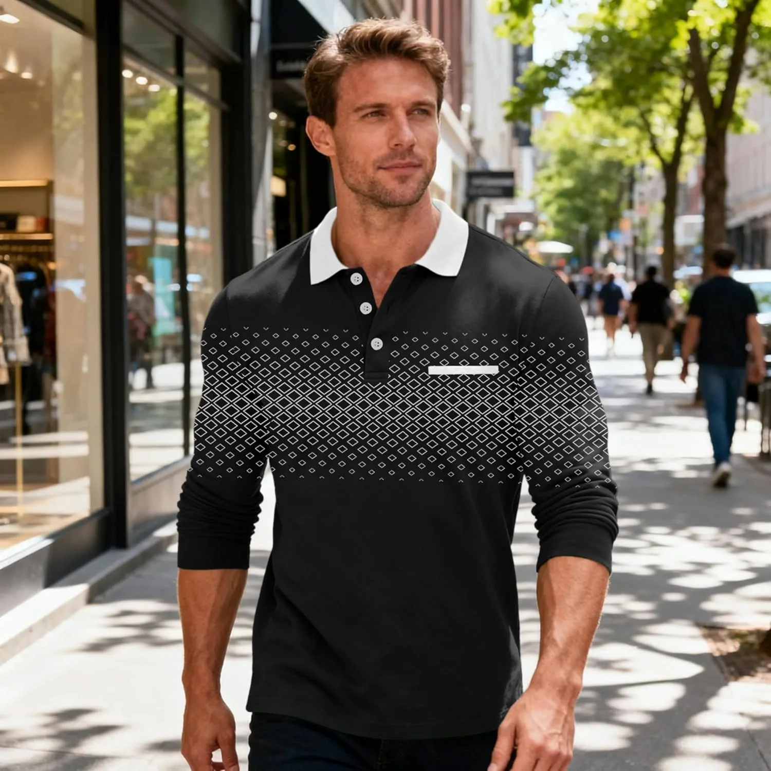 پولوشرت آستین بلند مردانه دکمه دار با جیب سینه، پیراهن گلف یقه دار کلاسیک