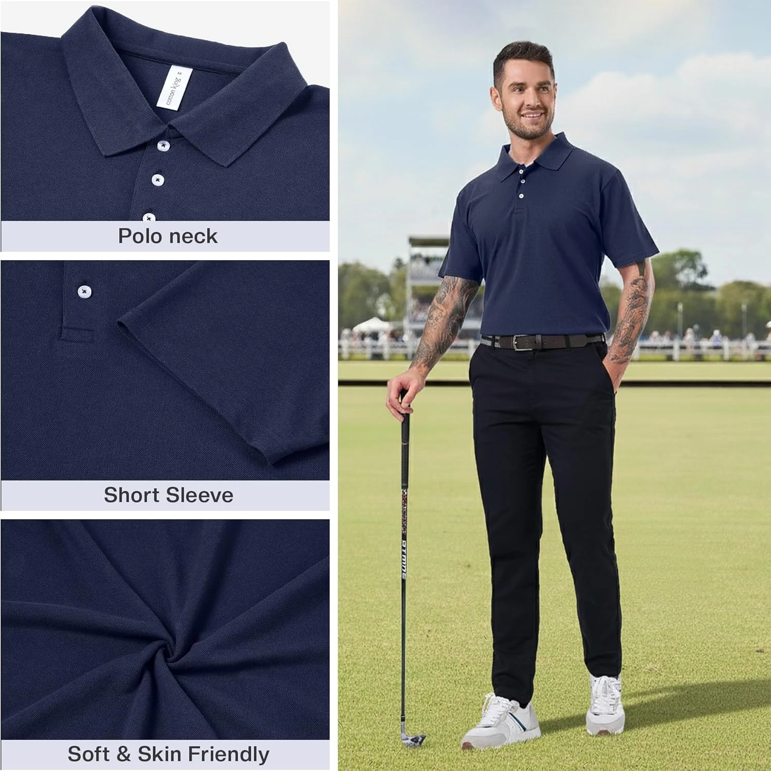 پولوشرت های مردانه پنبه ای کینگ - پولوشرت آستین کوتاه مردانه دکمه دار - فیت معمولی، تیشرت تابستانی پیکوئه - سایز S تا 3XL