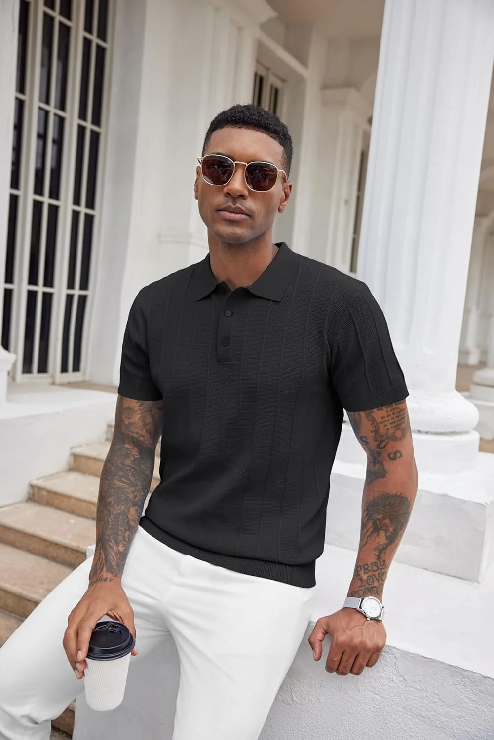 پولوشرت بافتنی مردانه COOFANDY، آستین کوتاه، بافت دنده ای، پولوشرت سبک وزن غیر رسمی گلف، تی شرت یقه دار